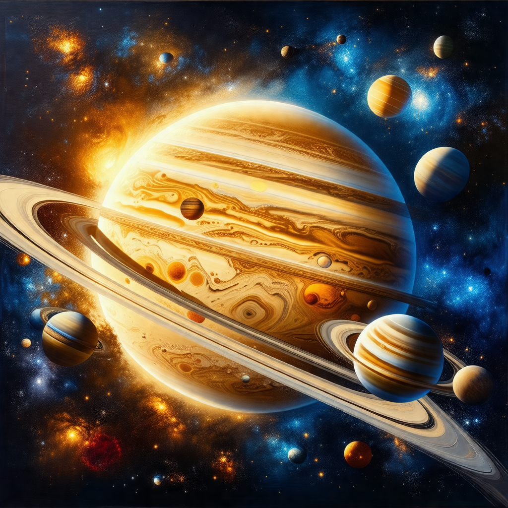 Painting of a solar system, featuring a large, colorful p...