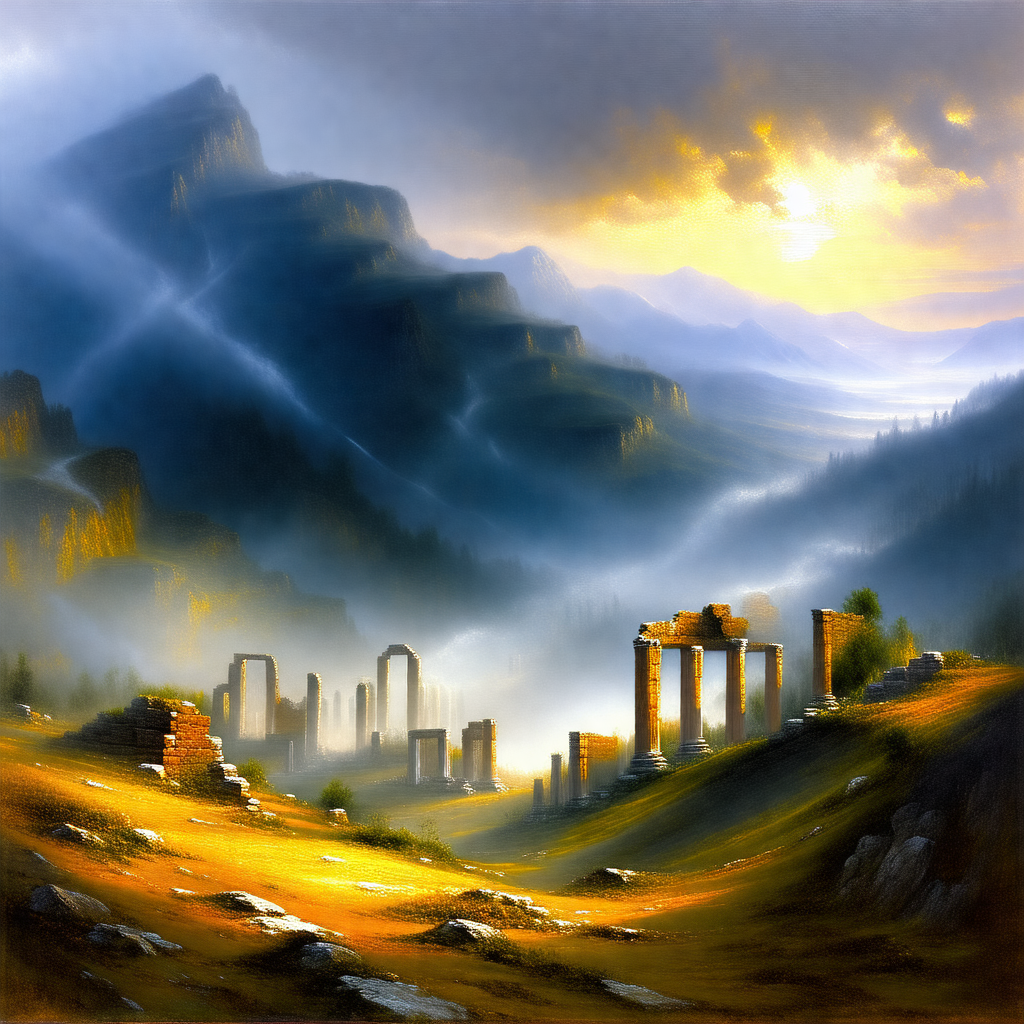Picturesque landscape with a group of ancient ruins, incl...