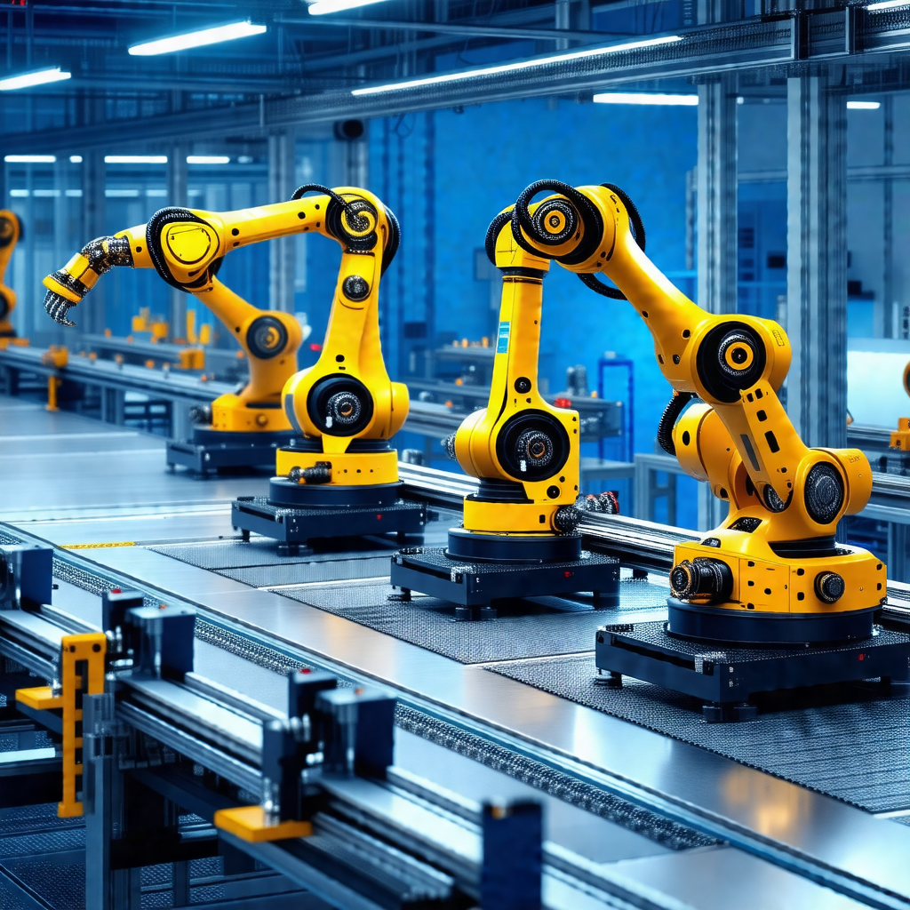 Factory with a large number of yellow robots lined up on ...