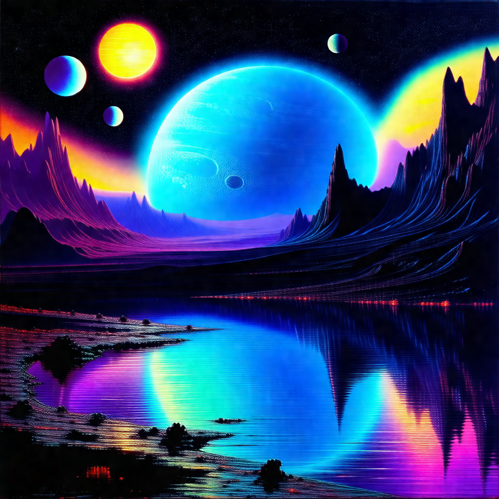 Colorful and vibrant scene of a planet with a blue atmosp...
