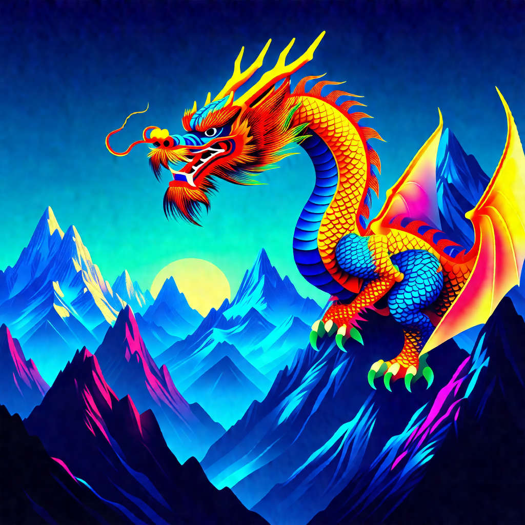 Vibrant, colorful dragon with a long tail, standing on to...