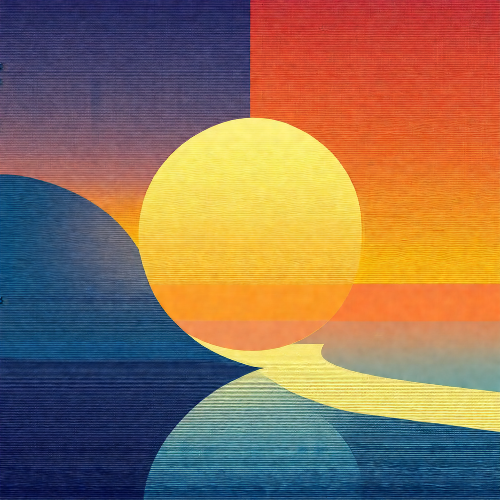 Beautiful sunset with a large, bright sun in the center o...