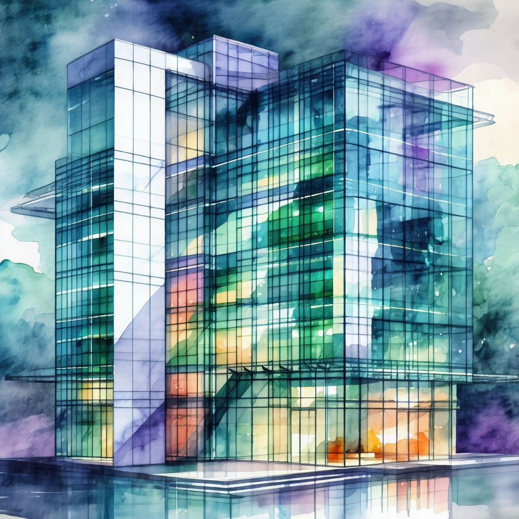 Colorful, watercolor painting of a large, modern building