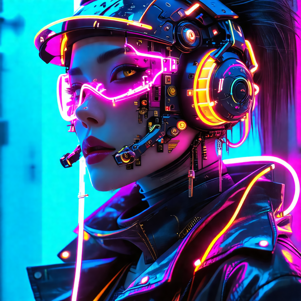 Woman wearing a futuristic outfit, including a black jack...