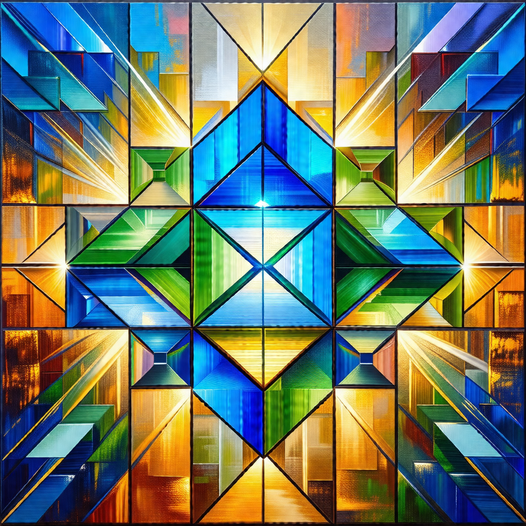 Colorful stained glass window featuring a geometric design