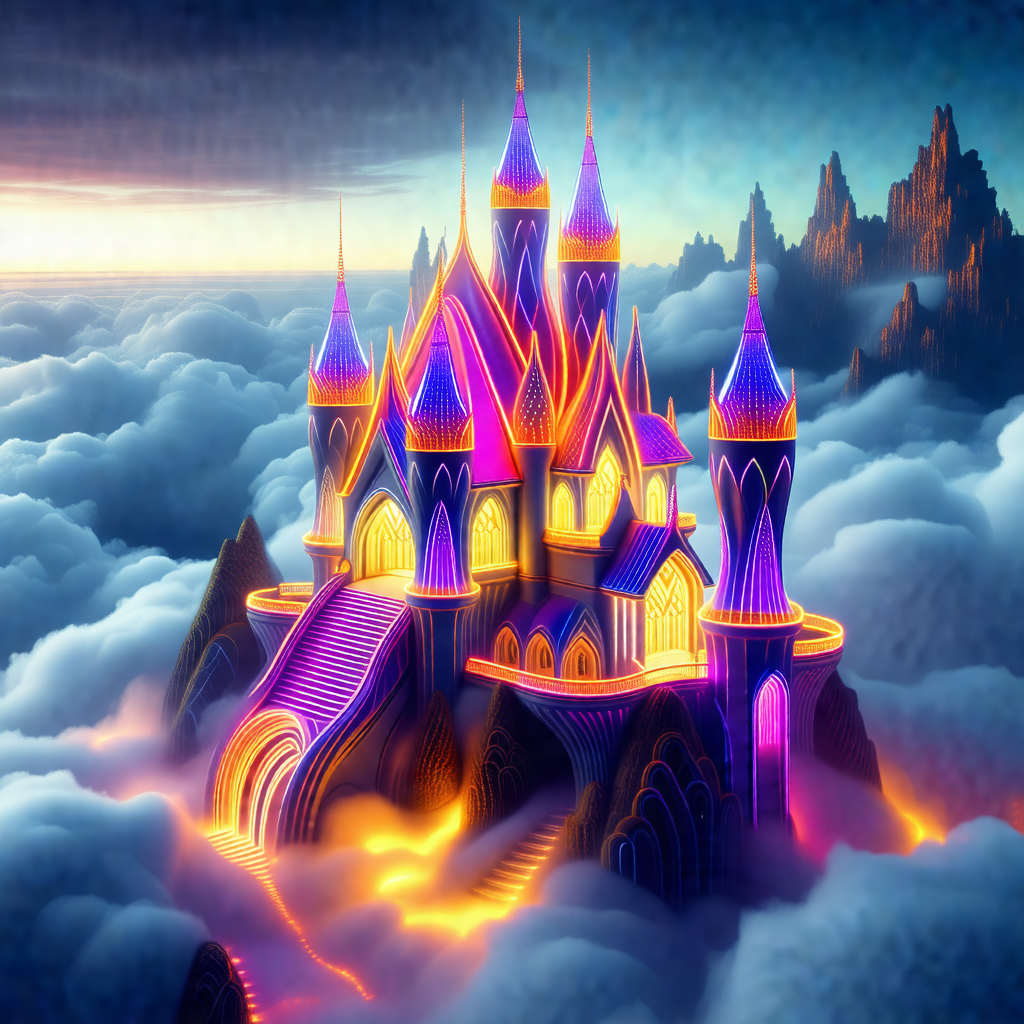 Large, purple and yellow castle with a staircase leading ...