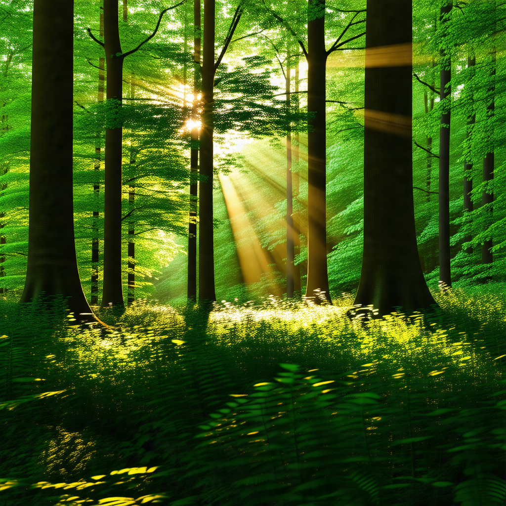 Serene forest scene with a sunbeam shining through the trees