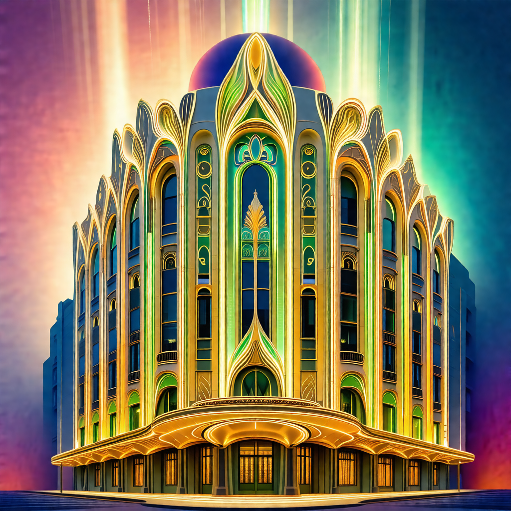 Large, ornate building with a green and gold facade