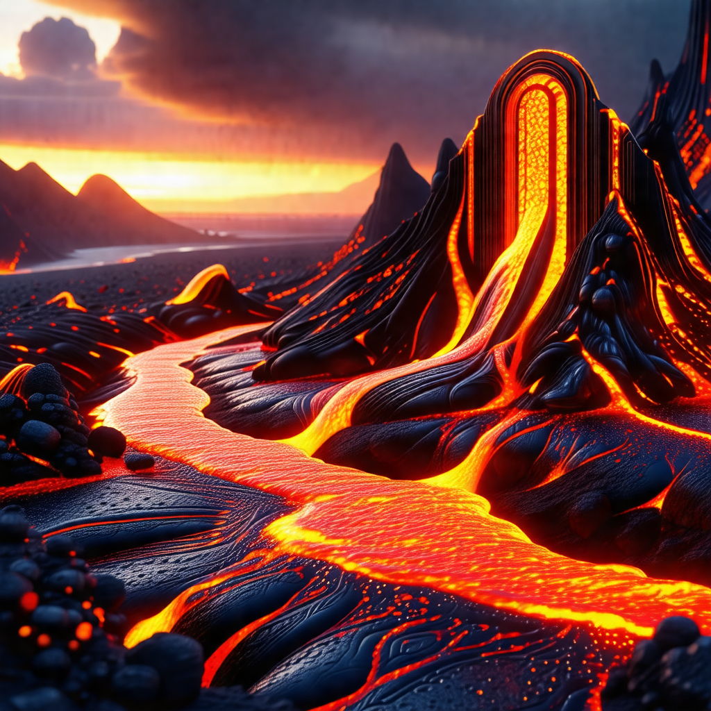 Beautifully rendered 3d landscape of a volcano with a riv...
