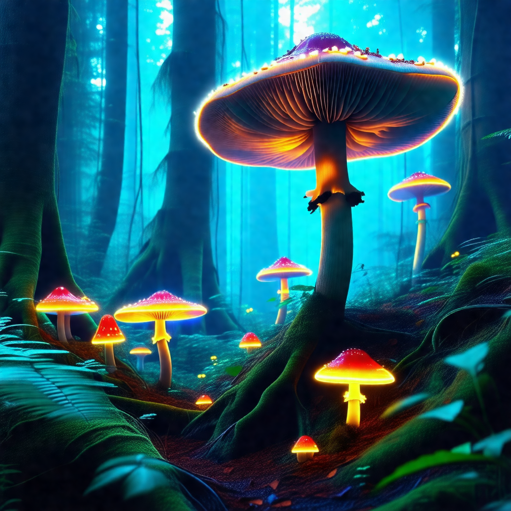 Forest with a large mushroom in the center, surrounded by...