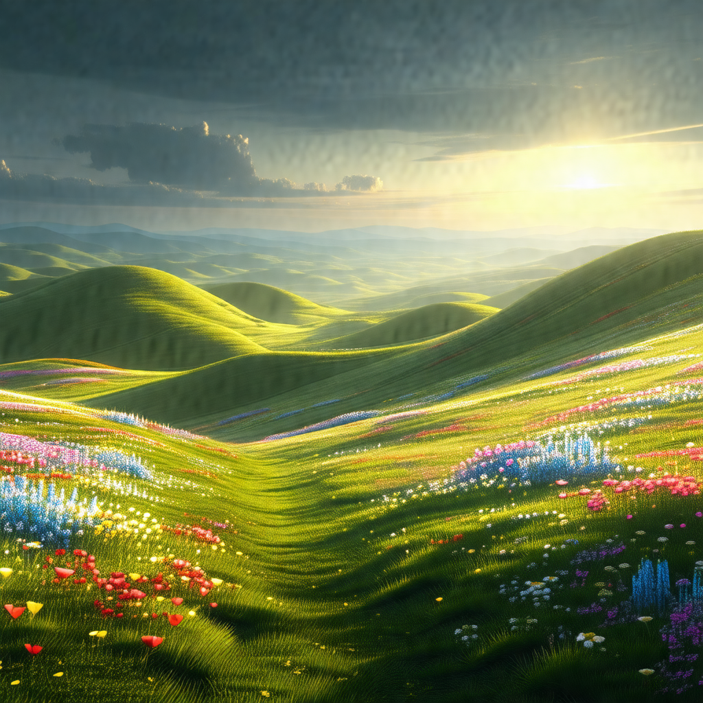 Beautifully drawn landscape featuring a lush green hillsi...