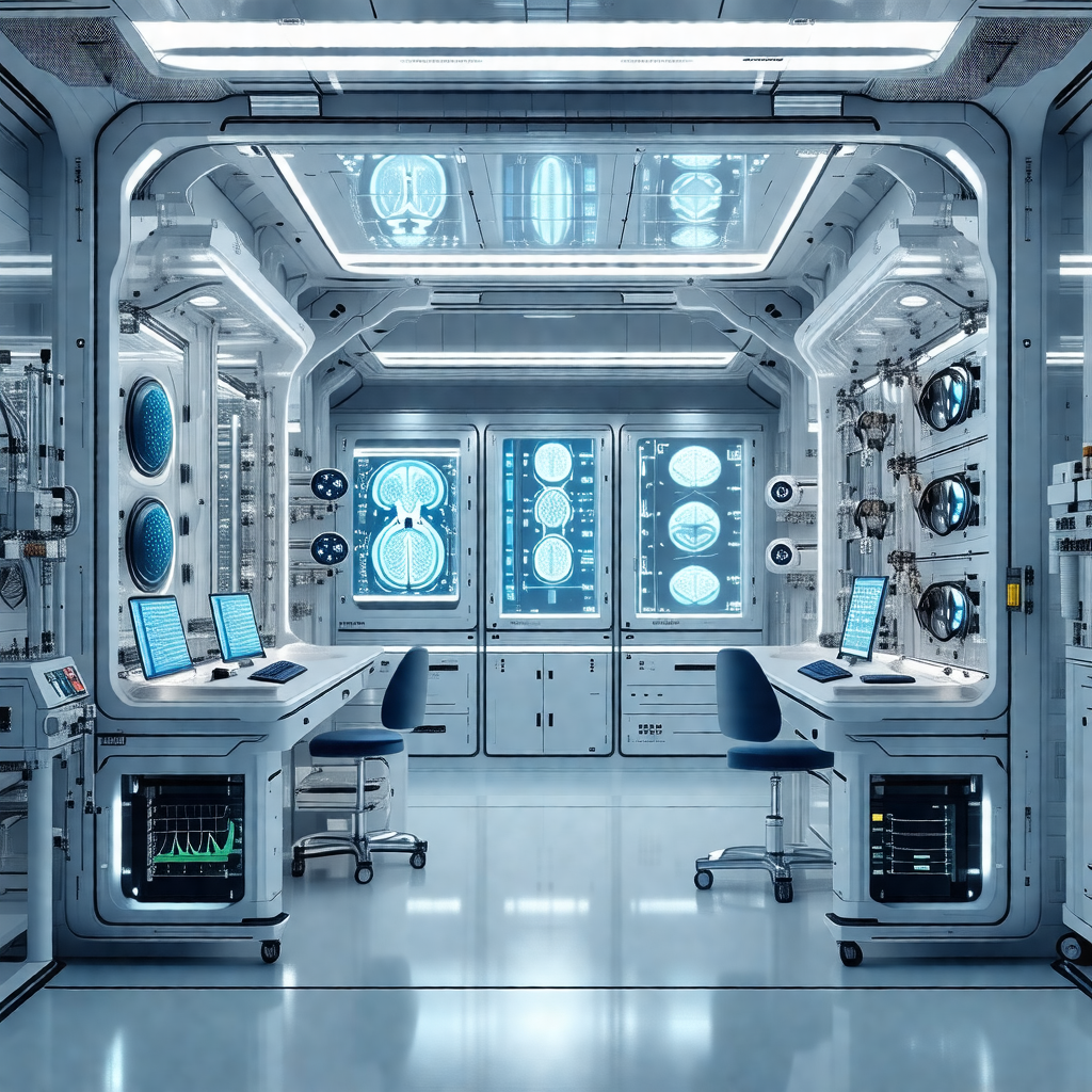 Futuristic control room with a large number of computer m...