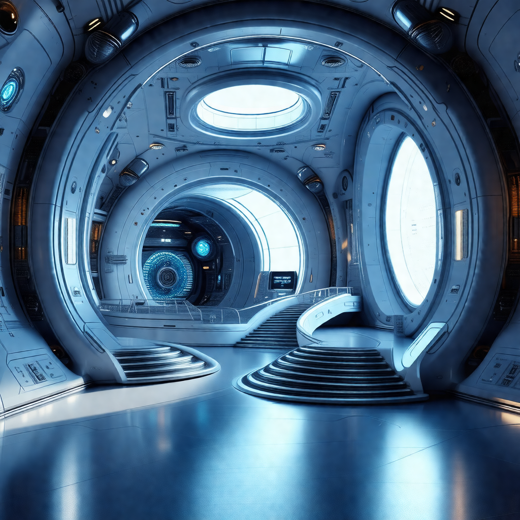 Futuristic scene of a large, white, circular building wit...