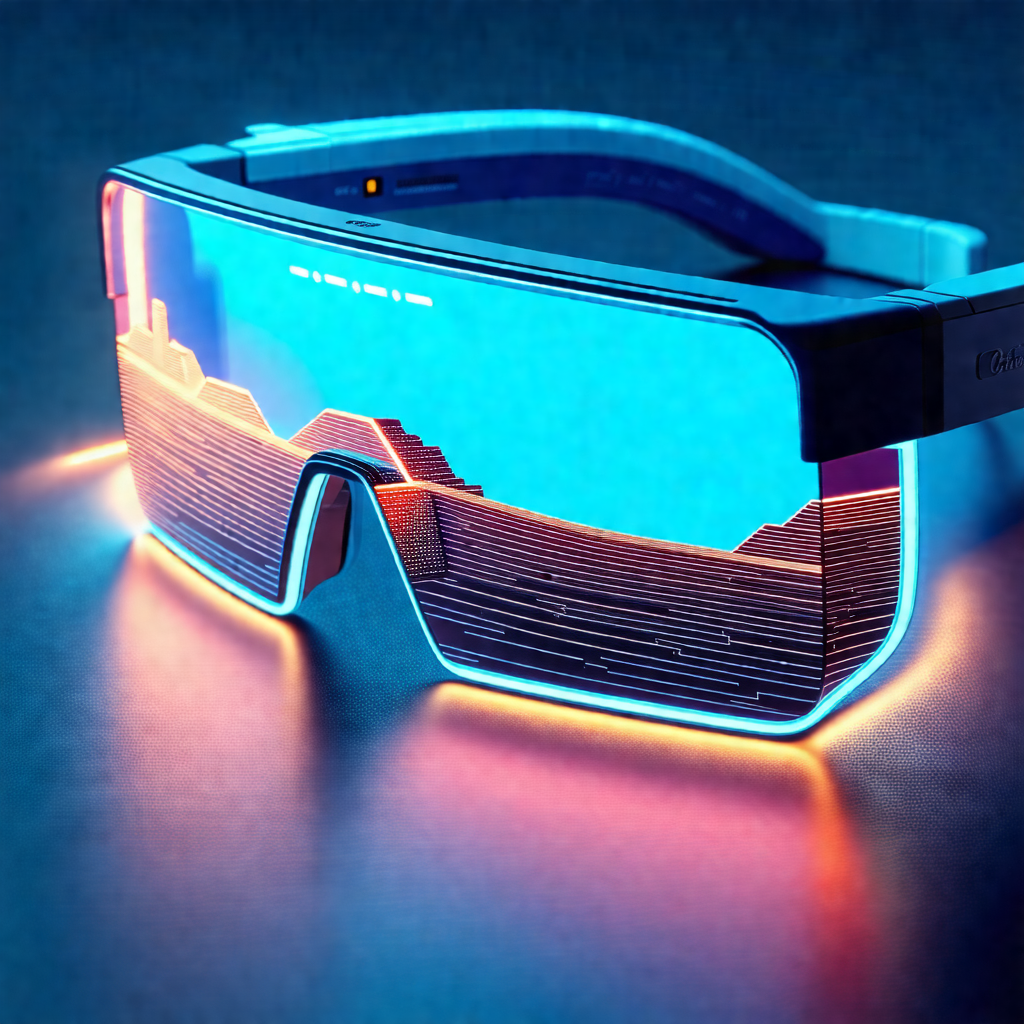 Pair of futuristic, glowing sunglasses with a blue tint
