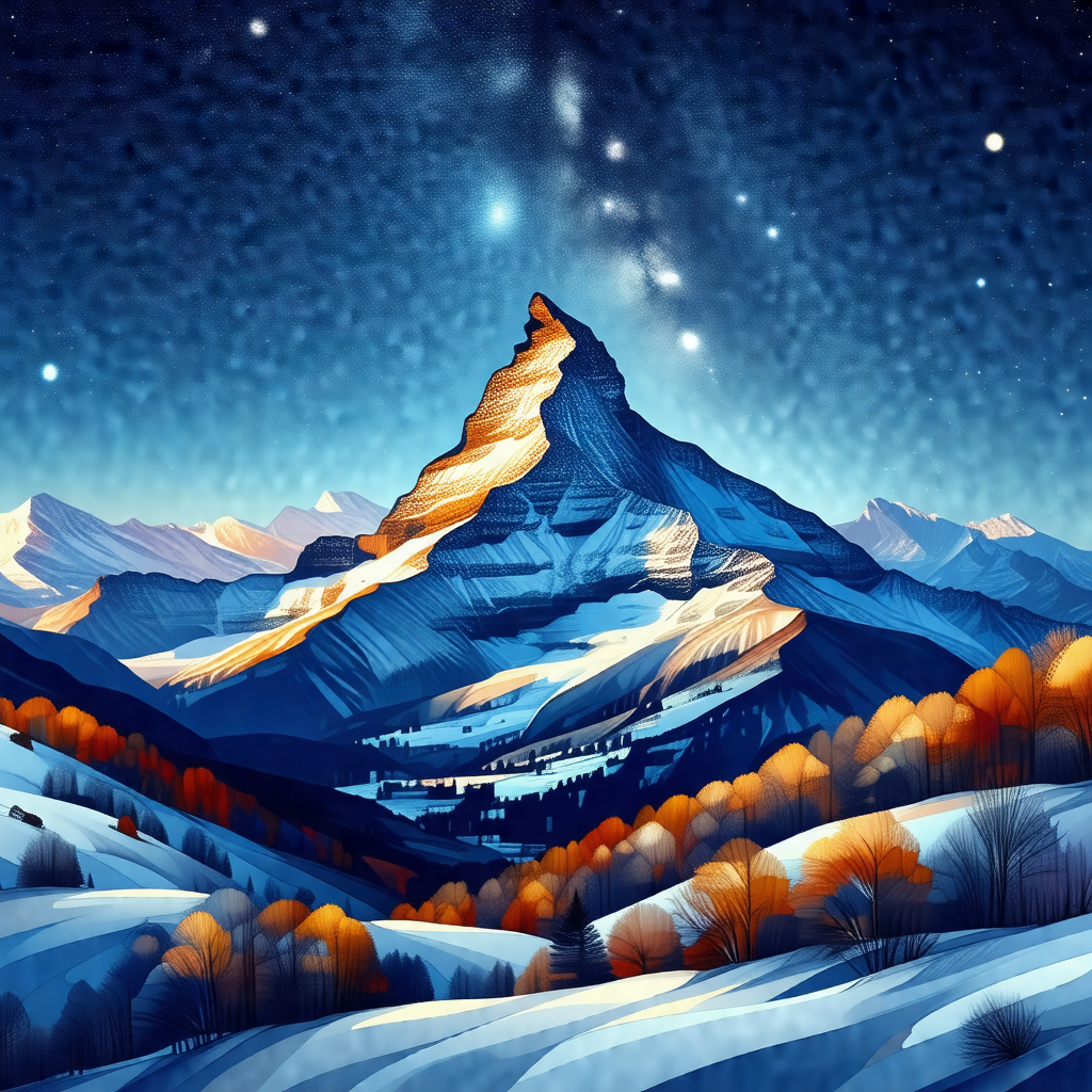Beautiful painting of a snow-covered mountain with a peak