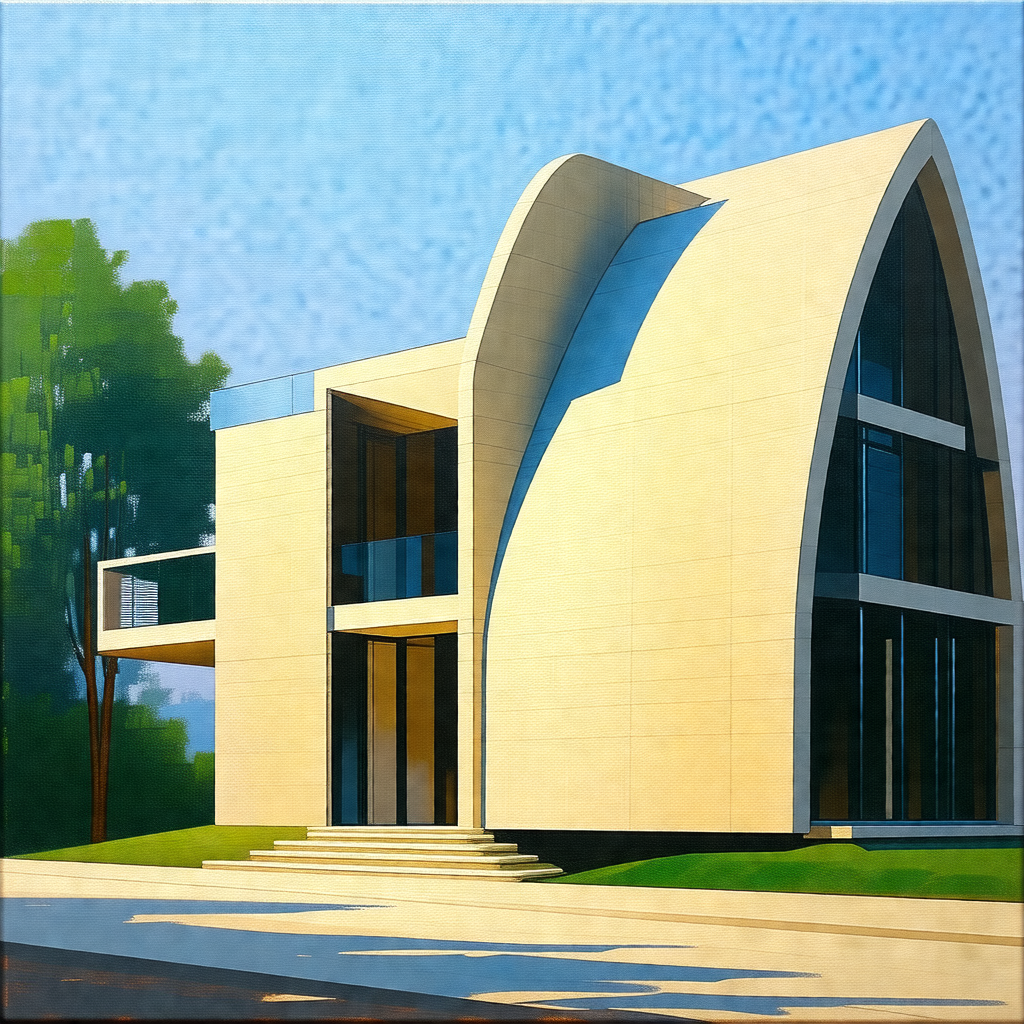 Large, modern-looking house with a unique, curved design