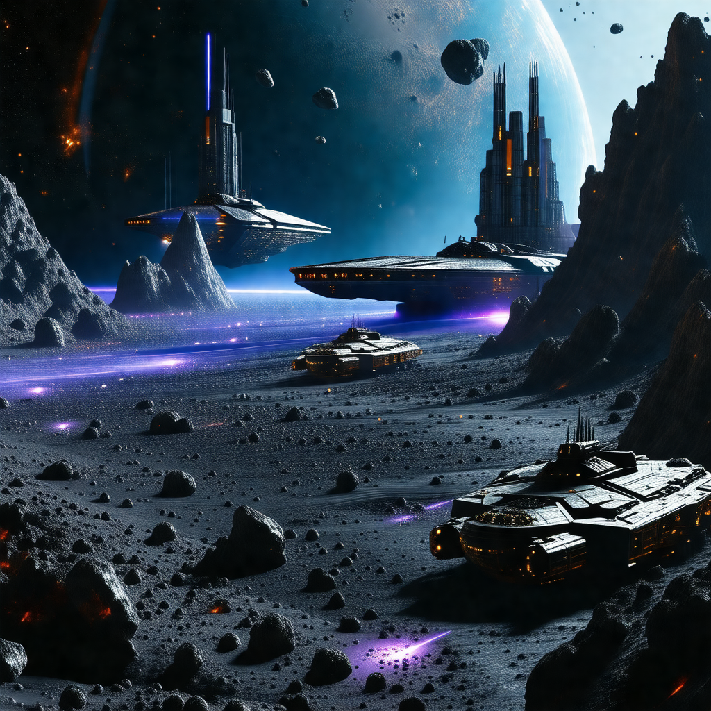 Futuristic scene with a group of spaceships floating in t...