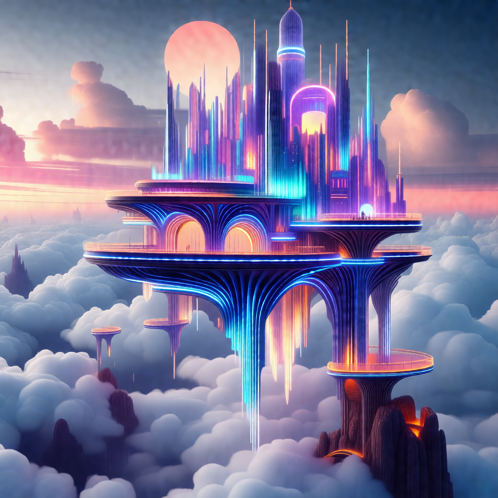 Large, futuristic city with a tall, blue tower in the center
