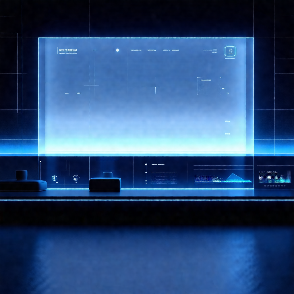 Large, blue, lit-up screen with a futuristic design