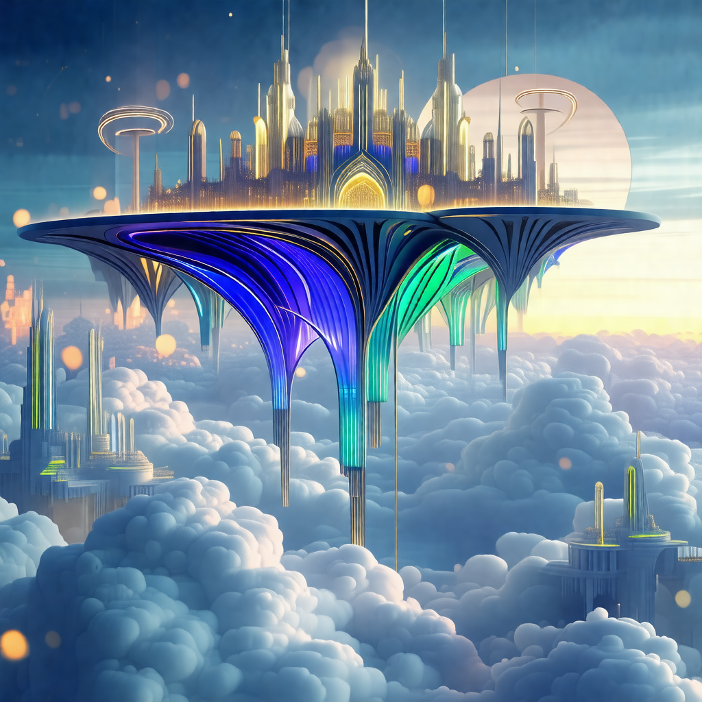 Colorful and imaginative depiction of a city floating in ...