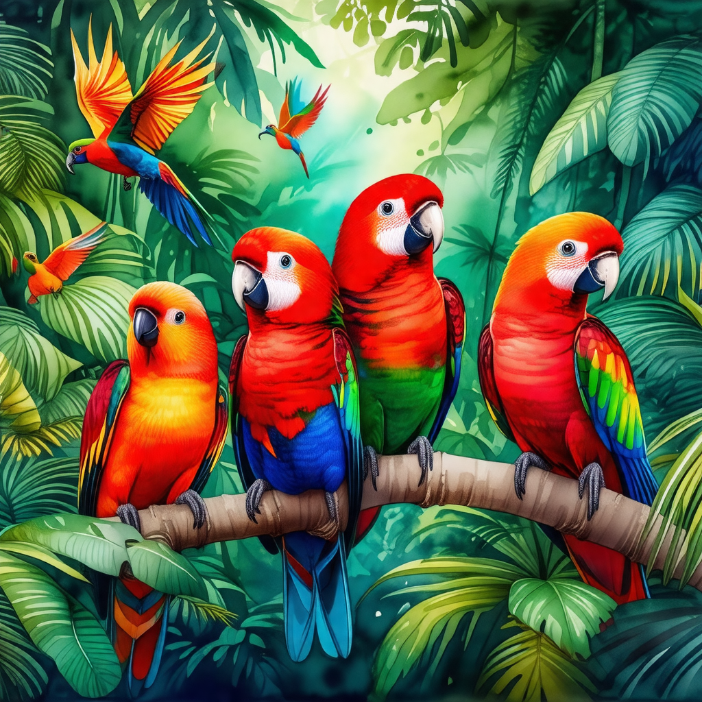 Group of colorful birds perched on a tree branch