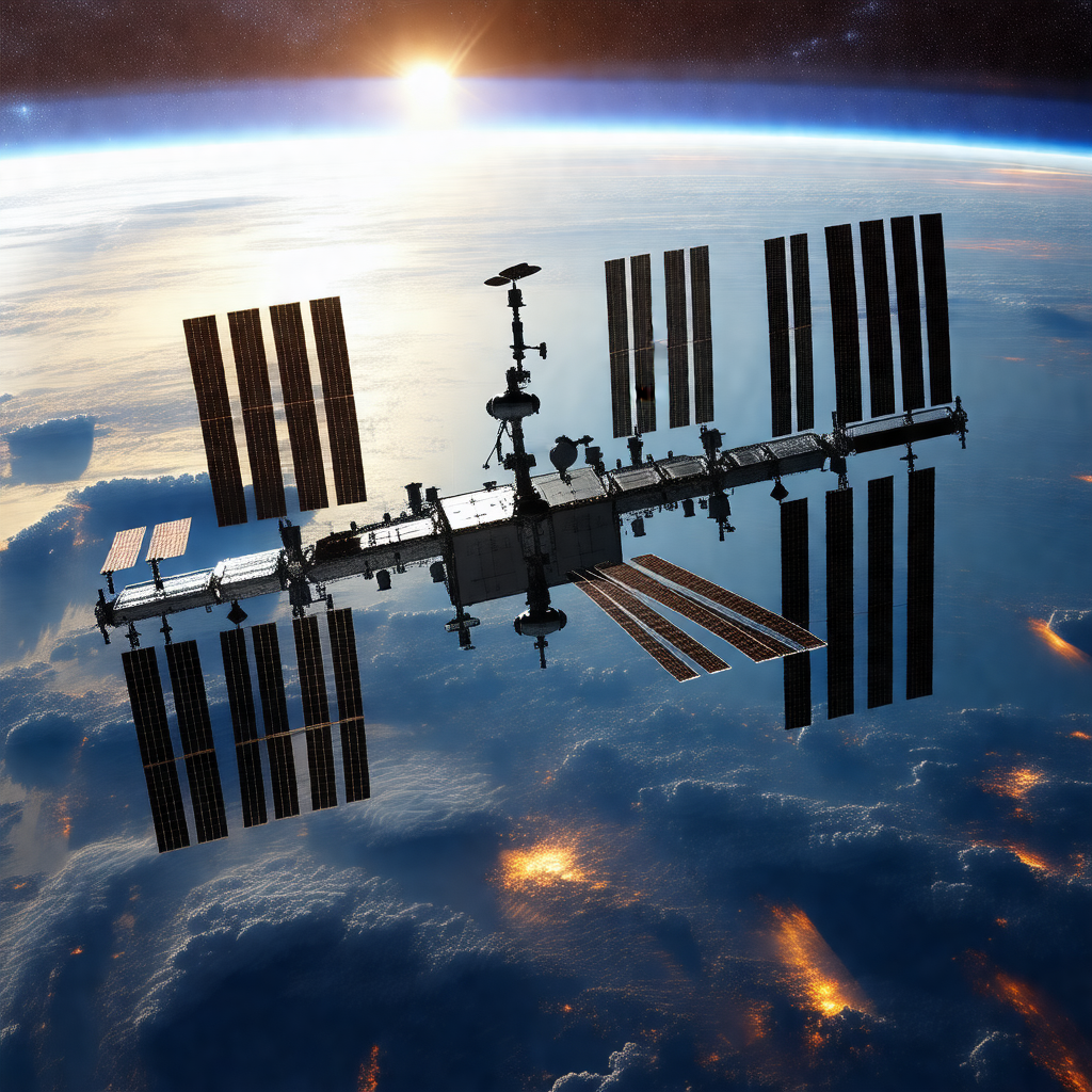 Space shuttle with a large satellite on top of it, flying...