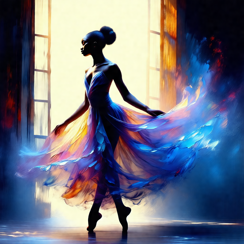 Woman in a blue dress, standing in a room with a window