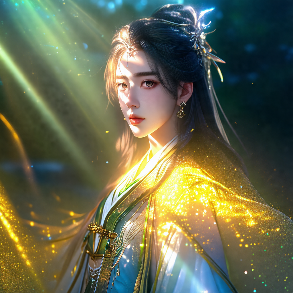 Beautiful woman with long black hair, wearing a gold and ...
