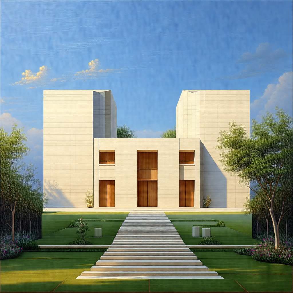 Large, white, modern building with a staircase leading up...