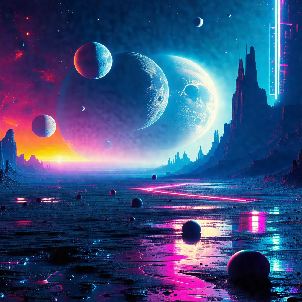 Futuristic scene with a variety of celestial objects