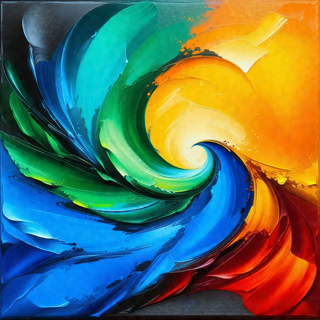 Painting of a colorful spiral, featuring a mix of blue, g...