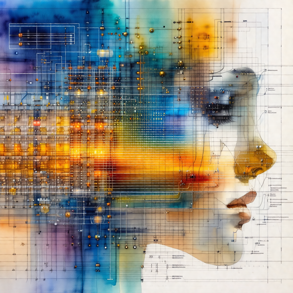 Painting of a woman's face, with a mix of blue and yellow...