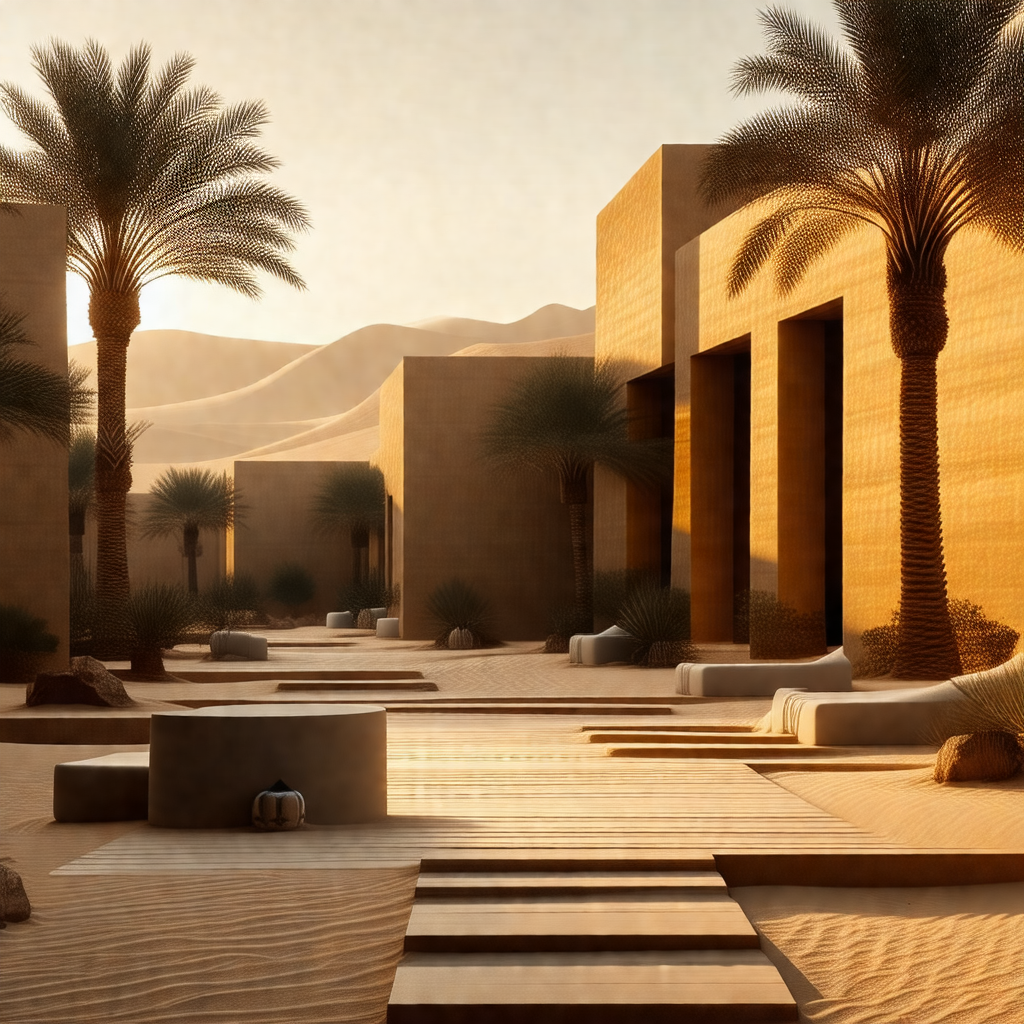 Desert landscape with a row of palm trees lining the sand...