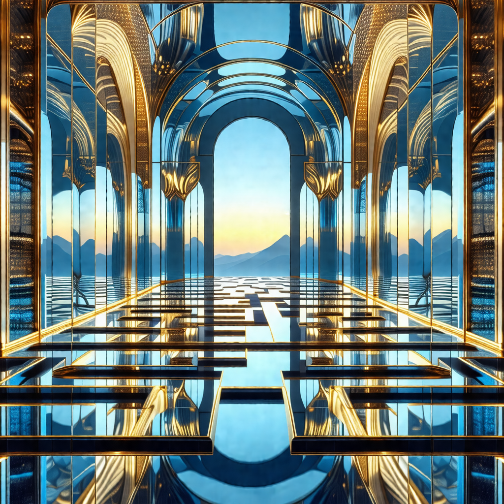 Painting of a large, ornate building with a reflective su...