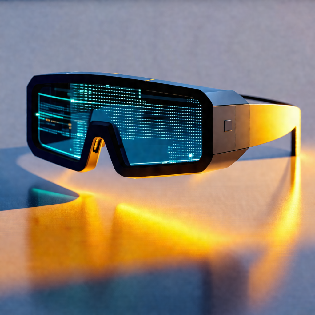 Pair of futuristic-looking glasses, likely a part of a vi...