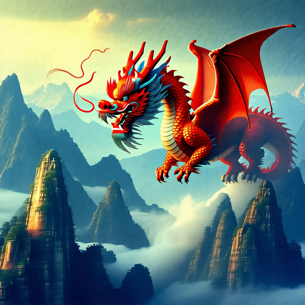 Red dragon flying through the sky, with its wings spread ...