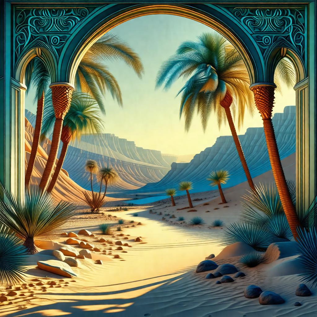 Painting of a desert landscape with a mountain range in t...