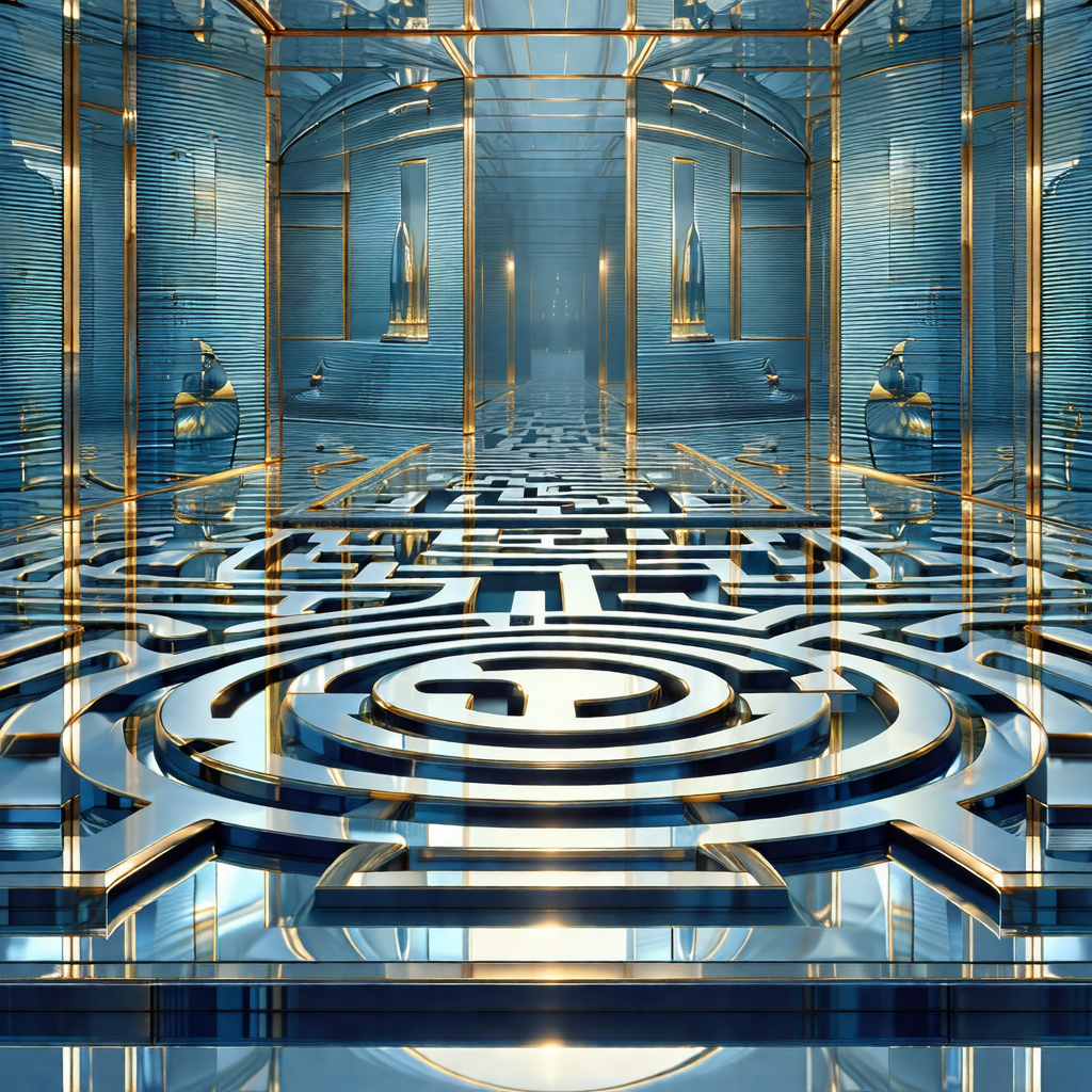 Large, open room with a blue floor and a gold-colored cei...
