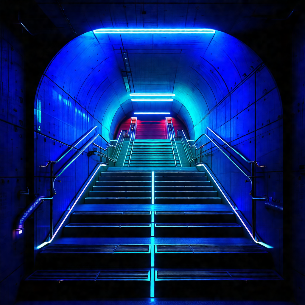 Staircase with a blue light illuminating the steps