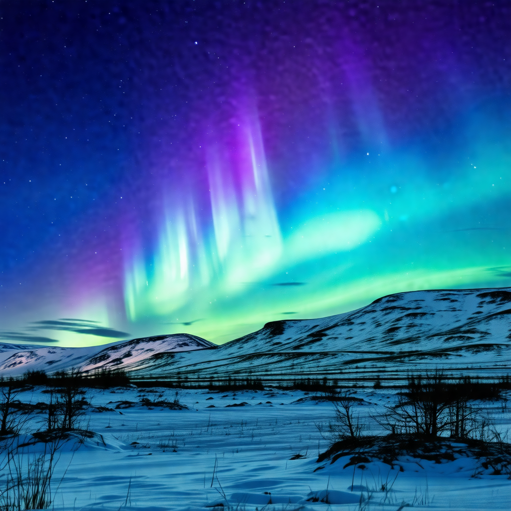 Captures a beautiful night scene with a purple and green sky