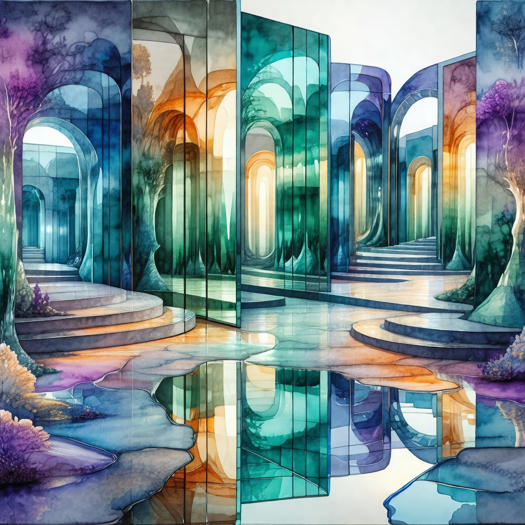 Colorful and detailed painting of a large, open building ...