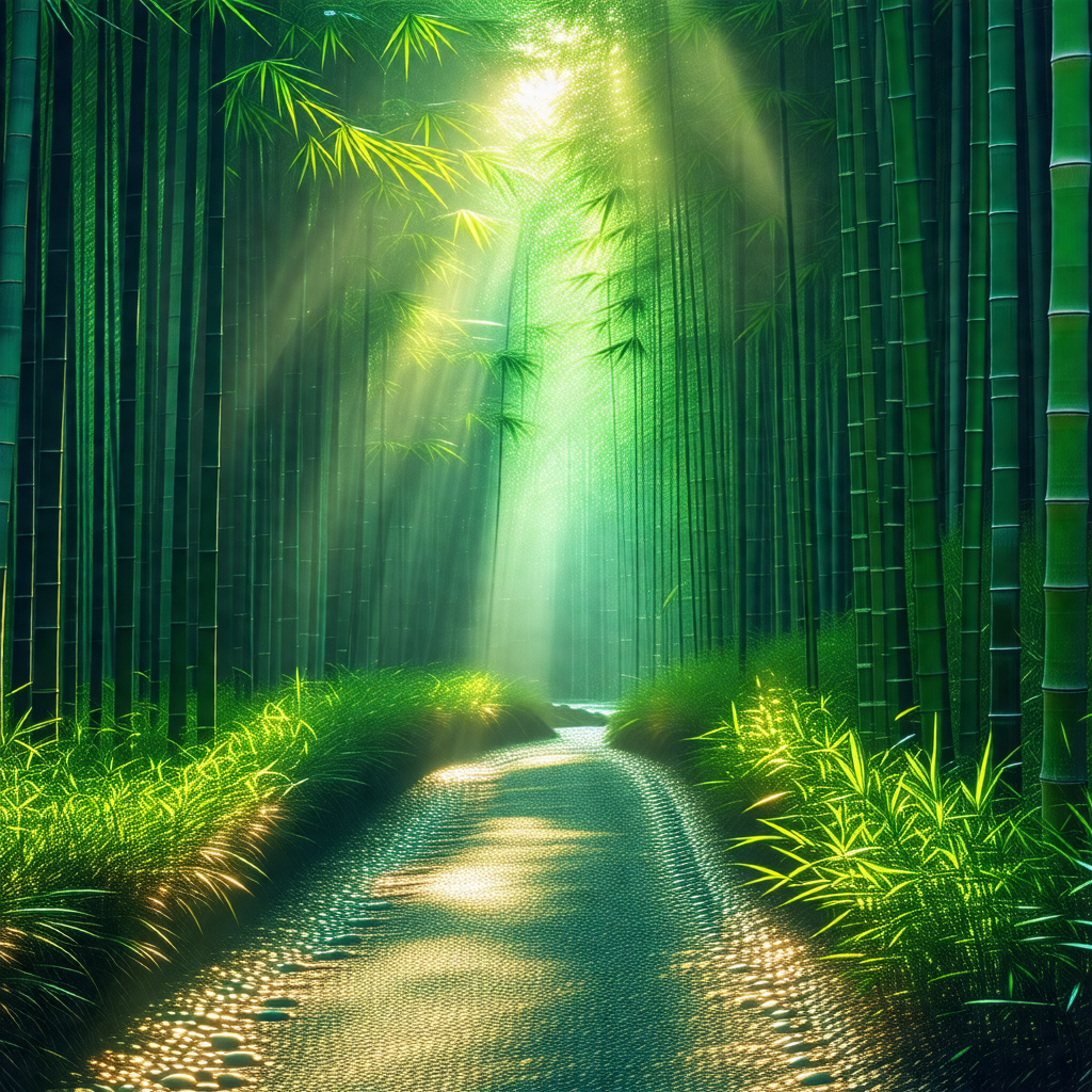 Serene forest scene with a pathway leading through the woods