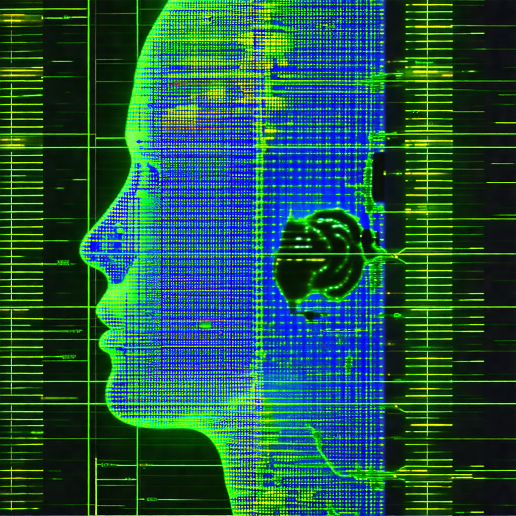 Close-up of a person's head, with a green background