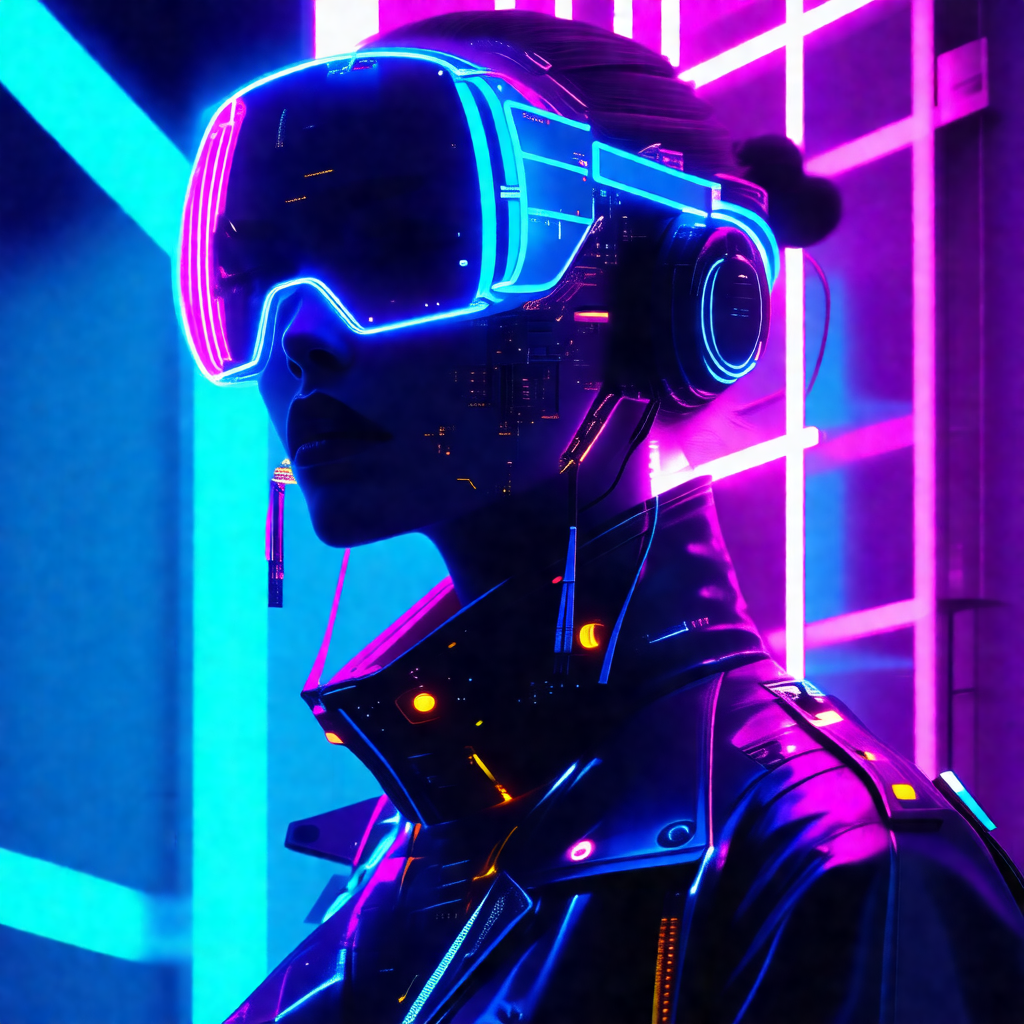 Woman wearing a futuristic outfit, including a jacket and...