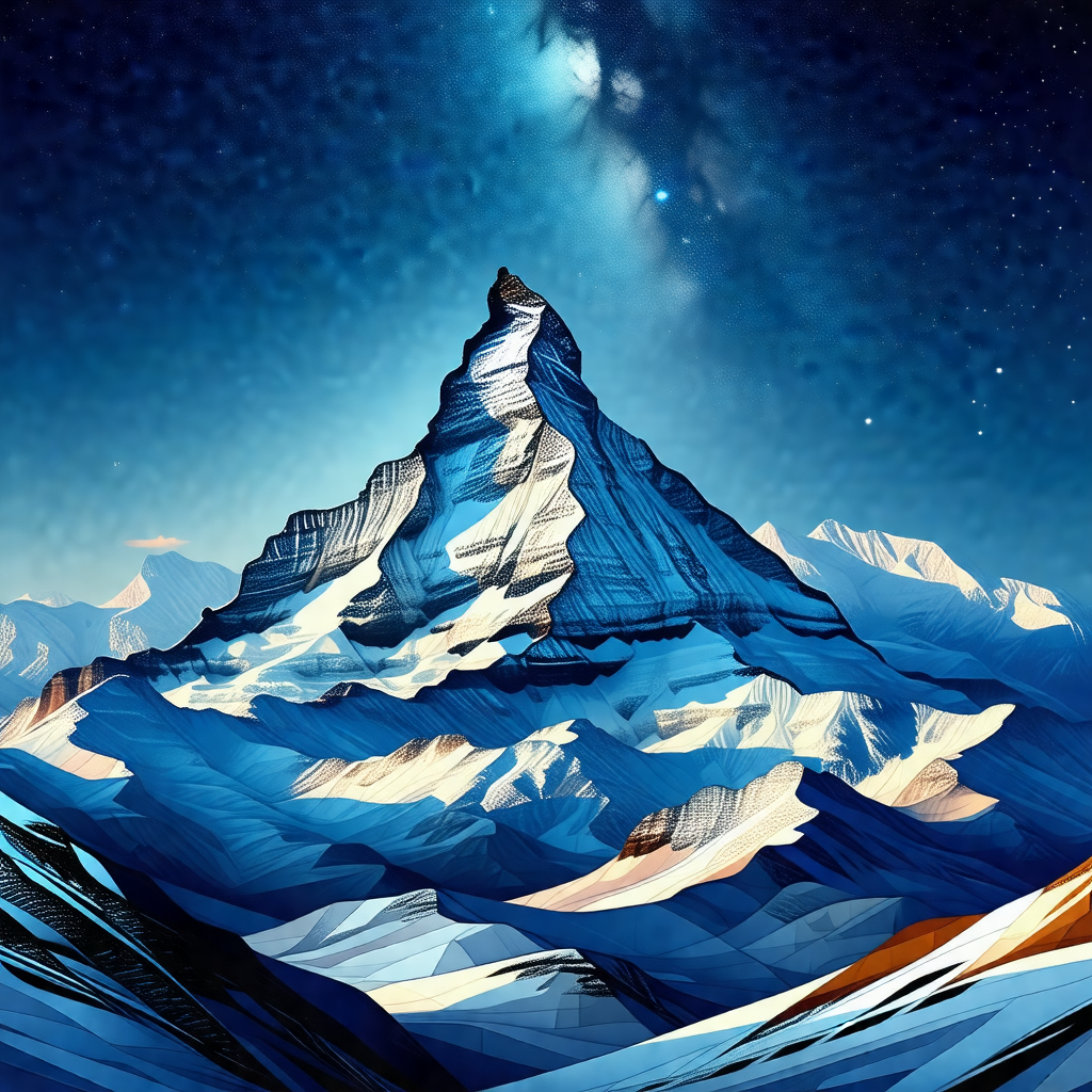 Painting of a majestic mountain with a blue and white col...