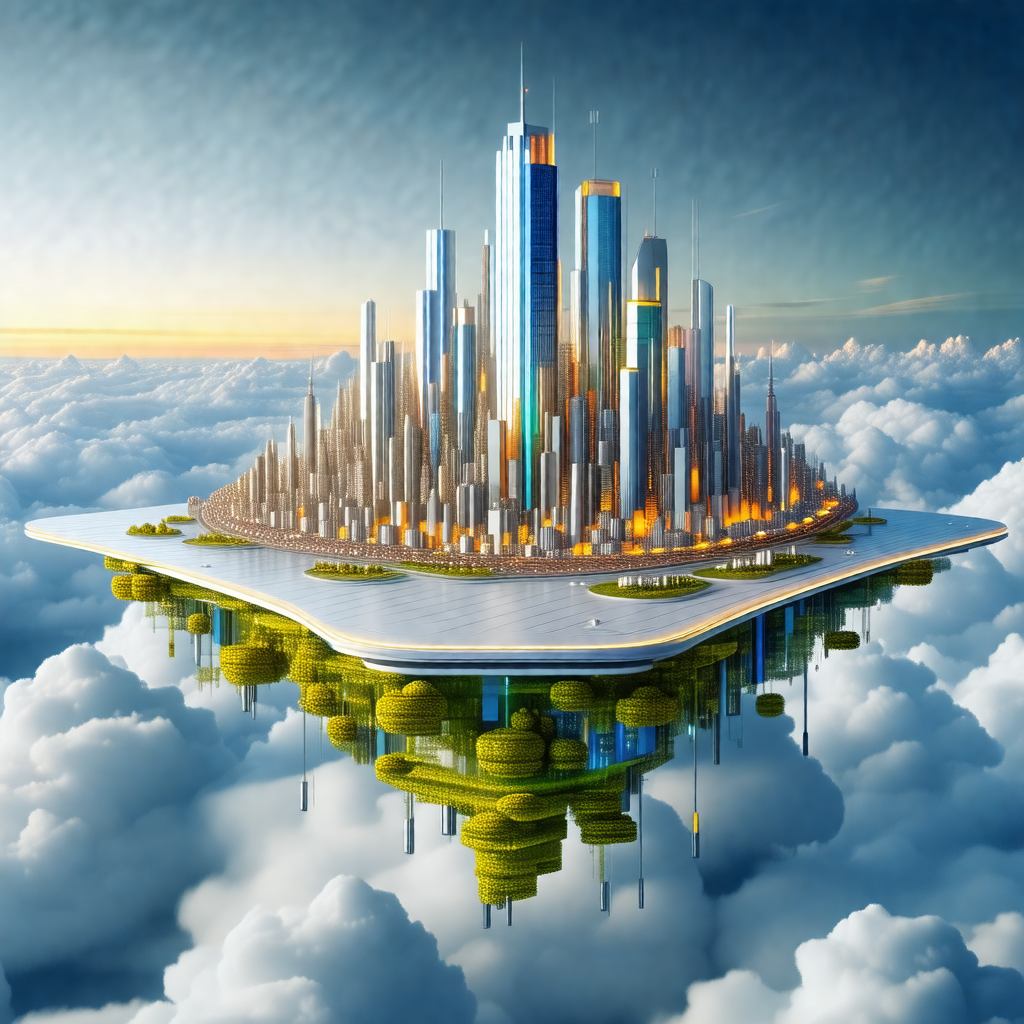 3d rendering of a cityscape, featuring a large skyscraper...