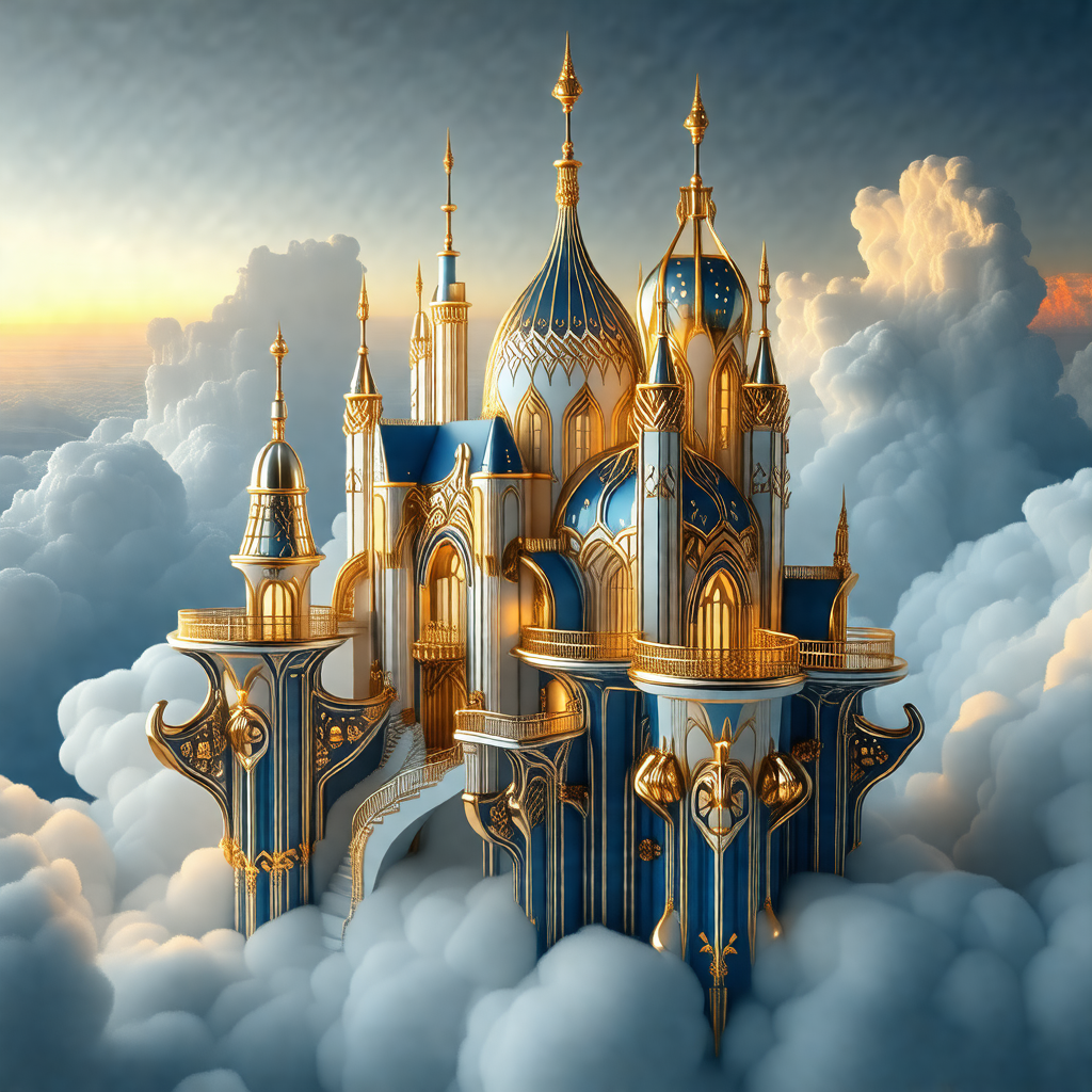 Large, ornate castle with a blue and gold color scheme