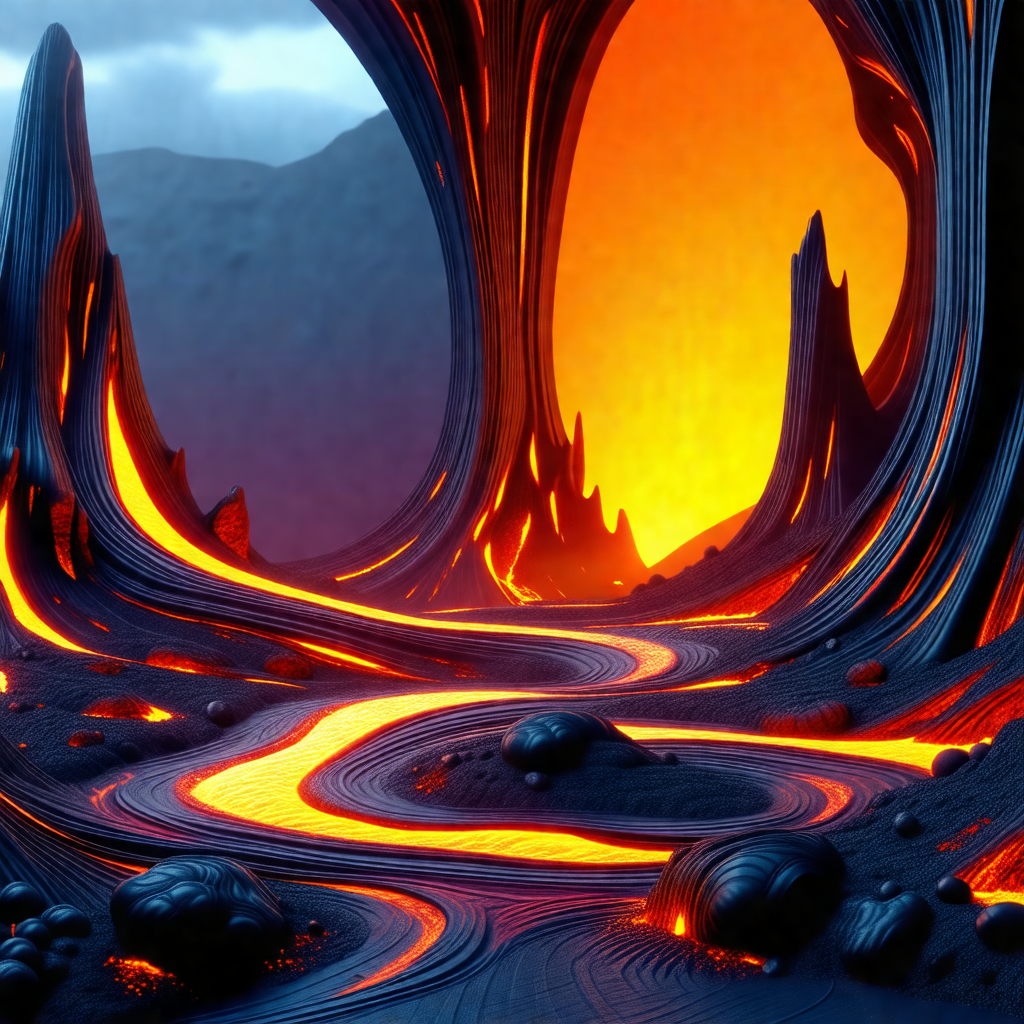 Large, dark, and intricate cave with a bright orange glow...
