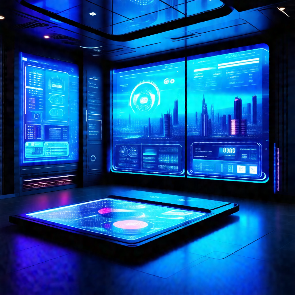 Futuristic room with a large, blue, illuminated table in ...
