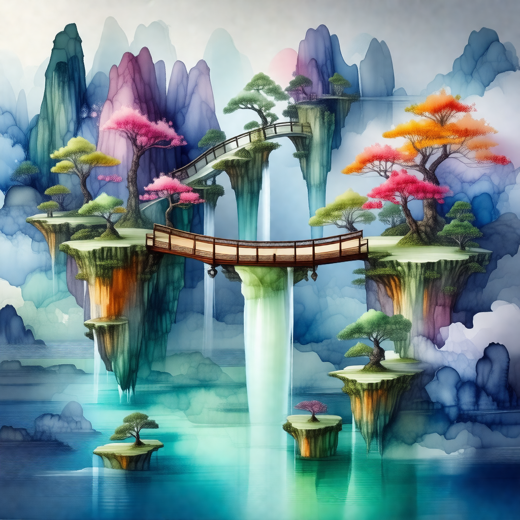 Painting of a beautiful island with a bridge connecting i...